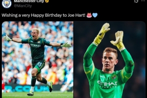 曼城官方晒照祝乔-哈特38岁生日快乐，曾随队夺得5项冠军